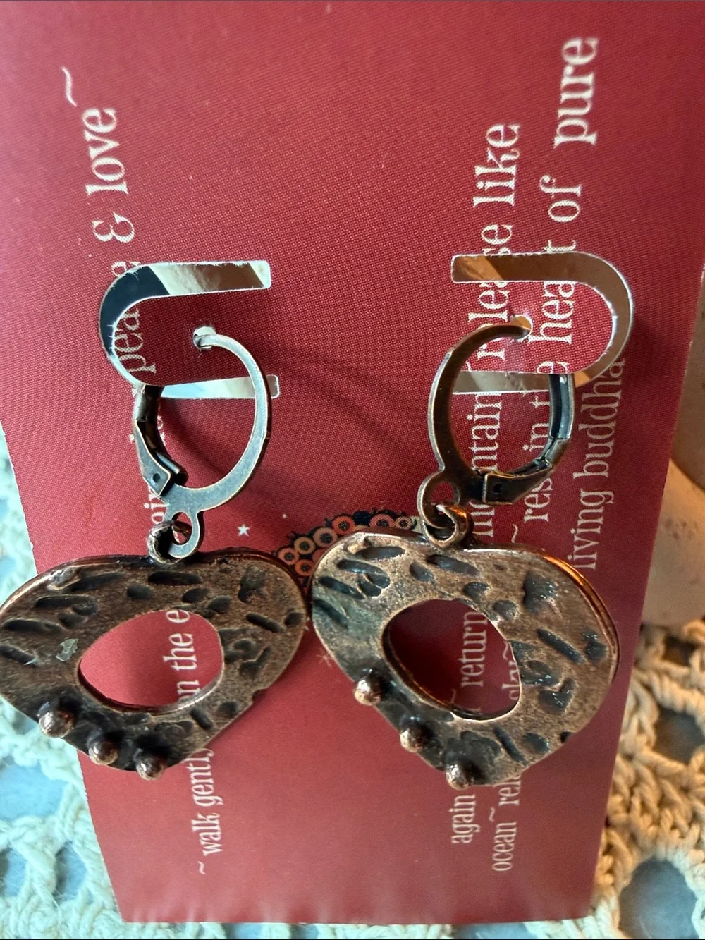 Handcrafted Copper Heart Hoop Earrings - Rustic Copper Tone